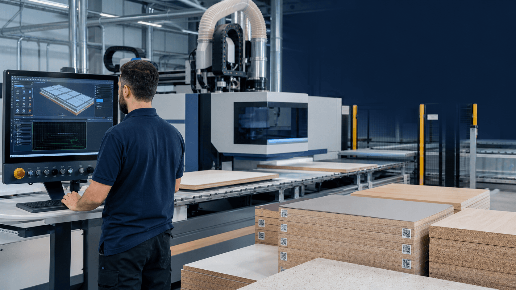 کارخانه هوشمند صنایع چوب مجهز به نرم‌افزار CAD/CAM، دستگاه CNC و ردیابی قطعات با QR Code